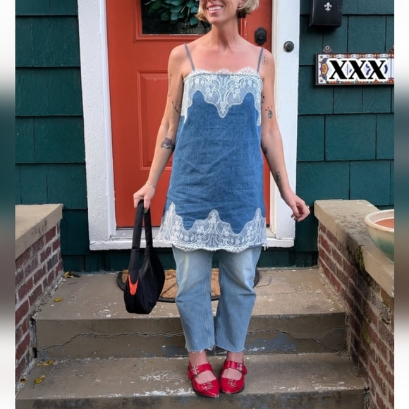 Denim Mini Dress with Lace Trim - Picture 3 of 9